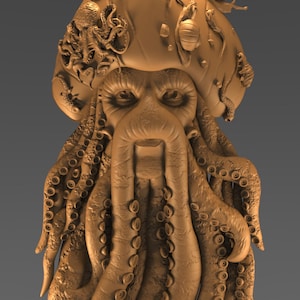 May include: A detailed, brown sculpture of a character with a hat adorned with sea creatures, an octopus-like beard, and a stern expression. The sculpture has a textured surface and is set against a gray background.