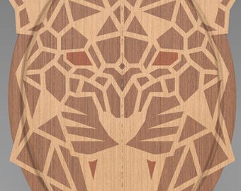 May include: A wooden serving tray with a geometric design of a tiger's face. The tray is made of light and dark wood, creating a contrasting pattern.