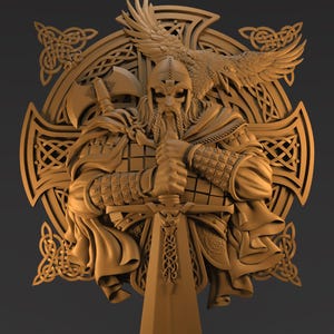 Puede incluir: Escultura tridimensional detallada de un guerrero vikingo sosteniendo una espada, con un hacha a su lado. El guerrero está adornado con armadura y un casco, con una larga barba. Un águila está posada sobre la cabeza del guerrero. El fondo presenta nudos celtas.