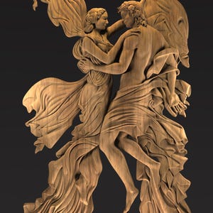 Puede incluir: Escultura de madera que representa dos figuras abrazadas, con ropajes fluidos. La talla presenta detalles intrincados y un tono cálido y natural de madera. La escultura se encuentra sobre un fondo oscuro.