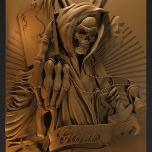 May include: A detailed, sepia-toned relief sculpture featuring the Grim Reaper in a hooded cloak, holding an hourglass and a playing card. The words "Game Over" are inscribed on a banner. The artwork includes flames and stylized elements.