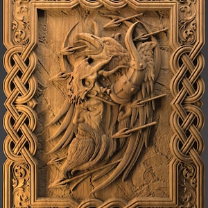 May include: A detailed wooden carving of a bearded figure with a skull and bird-like features, pierced by arrows. The carving is framed with intricate knotwork and floral designs, showcasing a rustic, aged appearance.
