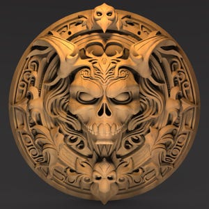May include: A detailed, circular wooden carving featuring a central skull with horns and intricate floral and ornamental designs. The skull has deep eye sockets and a prominent nose. The carving is in a natural wood tone, with a dark background.