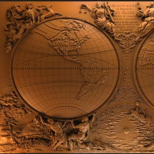 May include: A detailed, sepia-toned relief carving of a world map. The map is divided into two hemispheres, with intricate details of continents, oceans, and grid lines. Figures and text surround the map, adding to its historical aesthetic.