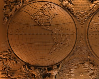 Antique World Map 3D Relief Model - Digital STL Files