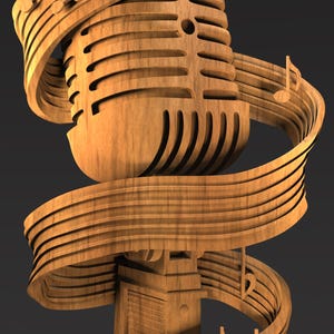 May include: A wooden microphone sculpture with musical notes swirling around it. The microphone is a classic design, and the notes are carved into a flowing ribbon. The sculpture is made of light brown wood and set against a dark background.