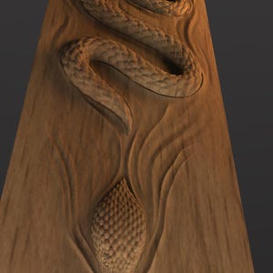 May include: A wooden carving featuring a detailed snake design. The snake is carved in relief, with textured scales and a curved body. The carving is on a rectangular wooden panel, with a natural wood grain finish.