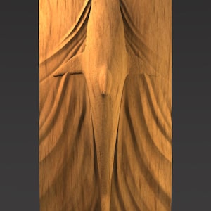 Puede incluir: Talla de madera de un pez estilizado, centrado en un panel rectangular. El pez se representa con aletas extendidas y un cuerpo aerodinámico, emergiendo de un fondo texturizado en forma de olas. La madera tiene un tono cálido y natural.