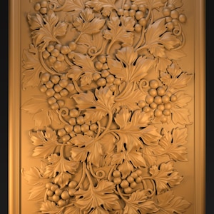 May include: A rectangular wooden relief carving featuring a detailed design of grape vines, leaves, and clusters of grapes. The relief is in a warm, natural wood tone, with a framed border.