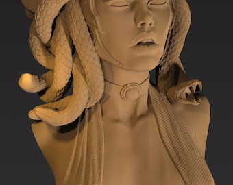 May include: A tan-colored bust of Medusa, featuring a serene face with closed eyes and a snake-filled headpiece. The sculpture includes a draped garment and a choker necklace. The snakes are coiled around the head and shoulders.