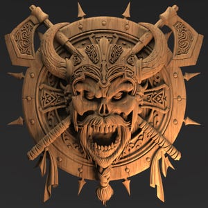 May include: A wooden carved Viking skull with a horned helmet, a long beard, and an open mouth revealing teeth. Two axes are crossed behind the skull, and the design is set against a round shield with decorative elements. The carving is in shades of brown.