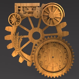 May include: Wooden wall art featuring a clock face, gears, and a wheat stalk design. The clock has Roman numerals. The gears and wheels are reminiscent of a steam engine. The art is made of light brown wood.