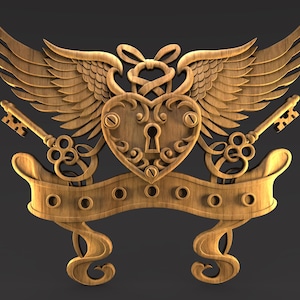 May include: Wooden carving featuring a heart-shaped lock with a keyhole, flanked by wings and keys. A banner with circular cutouts is below. The design is in a warm, natural wood tone.