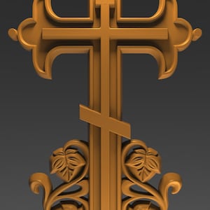 May include: A detailed, golden-colored Orthodox cross with intricate design. The cross features a smaller crossbar at the top, a slanted lower crossbar, and decorative floral elements at the base. The design is ornate and three-dimensional.