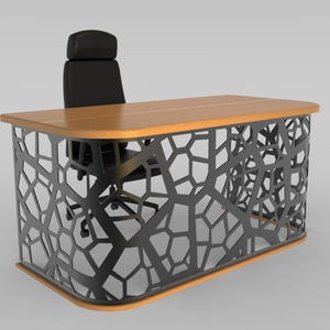 May include: A modern desk with a light wood top and a black, geometric patterned base. A black office chair is positioned behind the desk. The desk has a curved design and a light wood trim.