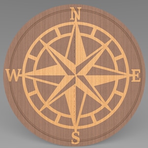 May include: A round wooden sign featuring a compass rose design. The compass rose is carved in a lighter shade of wood, with the cardinal directions labeled N, E, S, and W. The sign has a dark brown border and a wood grain texture.