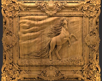 May include: A detailed wooden carving of a rearing horse within an ornate frame. The horse has flowing mane and tail, and the frame features floral and scrollwork designs. The wood has a natural, warm tone.