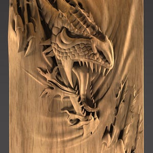 May include: A detailed wooden carving of a dragon's head with an open mouth, revealing sharp teeth and a long tongue. The dragon's head is surrounded by clawed appendages and textured wood grain.