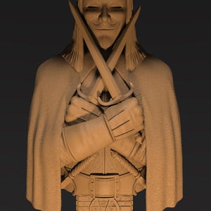 May include: A tan-colored bust of a figure wearing a hat and cape, with crossed swords. The figure has a stylized face with a mustache and a V-shaped symbol on the base. The bust is on a rectangular base.