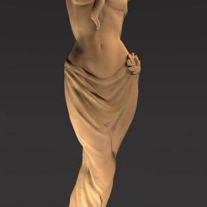 以下が含まれることがあります： 長い髪の女性のベージュ色の彫刻で、腕を頭の上に上げ、布で覆われています。像は装飾的な模様のある丸い台座の上にあります。全体的なテーマは古典芸術です。