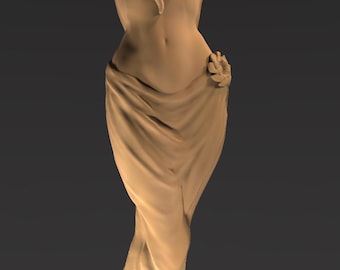 May include: A beige sculpture of a woman with long hair, arms raised above her head, and draped in fabric. The statue is on a round base with a decorative pattern. The overall theme is classical art.