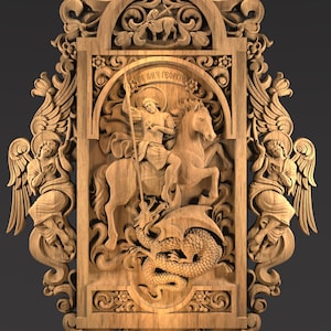 May include: A detailed wooden carving depicting a religious scene. The central image shows a figure on horseback spearing a dragon, with angels and ornate scrollwork framing the scene. The carving is in shades of brown.