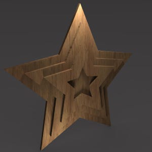May include: A wooden star with a layered design. The star has a natural wood grain finish and a smaller star cut out in the center. The design features multiple layers, creating a three-dimensional effect. The star is a decorative item.