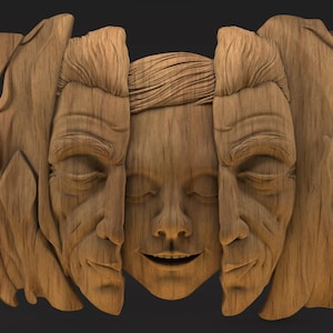 May include: A wooden wall sculpture depicting a face with three distinct sections. The central face is smiling with closed eyes, flanked by two older faces. The sculpture is carved from light brown wood, with detailed textures.