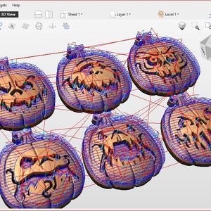 May include: A 3D rendering of six carved pumpkin designs, each with a unique jack-o'-lantern face. The pumpkins are displayed in a 3D modeling software interface, showcasing the design process. The software interface includes various toolbars and options.