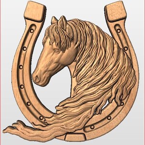 May include: A detailed wooden carving of a horse's head within a horseshoe. The horse has flowing mane and is carved in a natural wood tone. The horseshoe features nail holes and a rounded shape, creating a rustic, equestrian theme.