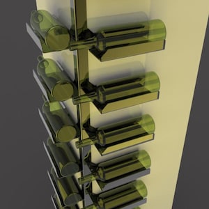 Könnte beinhalten: Ein moderner Weinregal mit mehreren Regalen, das zur Aufnahme mehrerer Weinflaschen konzipiert wurde. Das Regal besteht aus Metall und zeichnet sich durch ein schlankes, minimalistisches Design aus. Die Flaschen sind aus grünem Glas und das Regal ist auf einer weißen Oberfläche montiert.