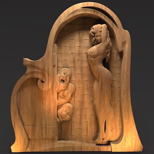 May include: A wooden relief sculpture featuring a nude female figure and two smaller figures peeking from behind a door. The sculpture has an arched top and a textured background, all in shades of brown.