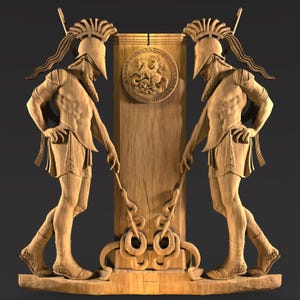 May include: A wooden sculpture featuring two figures of ancient warriors flanking a central pillar. The warriors wear helmets and armor, holding spears. A circular relief with a horse-drawn chariot is on the pillar. The sculpture is carved from light-colored wood.