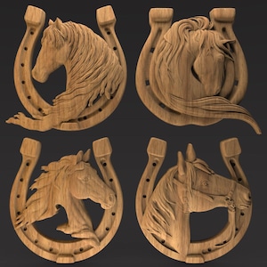 May include: Four wooden carvings of horse heads within horseshoes. The carvings are detailed, showing the horses' manes and facial features. The wood has a natural, light brown color, and the background is a dark gray.
