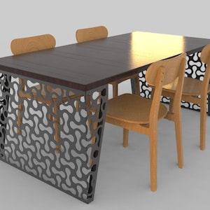 May include: A rectangular dining table with a dark brown wooden top and two black metal side panels featuring a repeating cutout pattern. Four light-colored wooden chairs with rounded backrests are positioned around the table on a light surface.