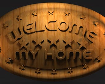 May include: Wooden oval sign with the words "WELCOME MY HOME" carved into the surface. The sign is a warm brown color, with star cutouts around the edges. A decorative piece for the home.