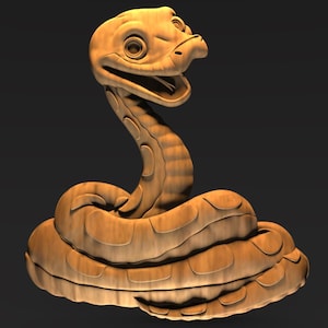 May include: A wooden sculpture of a snake with an open mouth and detailed scales. The snake is coiled and has a friendly expression. The sculpture is a light brown color and appears to be carved from wood.