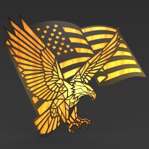 May include: Wooden wall art depicting the American flag and an eagle. The flag features stars and stripes, and the eagle is rendered in a geometric style. The artwork is made of wood and has a warm, golden hue.
