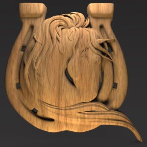 May include: Wooden carving of a horse's head within a horseshoe. The horse's mane and head are intricately carved, with the horseshoe's shape framing the horse. The wood has a natural grain and a warm, light brown color.