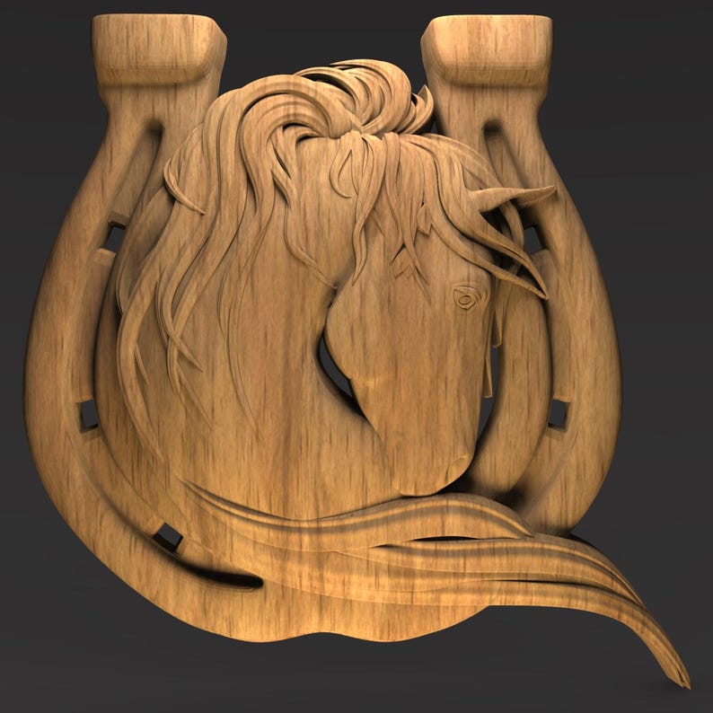 May include: Wooden carving of a horse's head within a horseshoe. The horse's mane and head are intricately carved, with the horseshoe's shape framing the horse. The wood has a natural grain and a warm, light brown color.