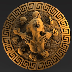 Puede incluir: Una escultura en relieve circular, de color dorado, que representa a una mujer gritando rodeada de calaveras. Los brazos de la mujer están extendidos y las calaveras están colocadas a su alrededor. El relieve está enmarcado por un borde de clave griega.