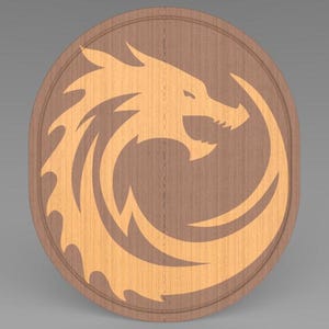 May include: A round wooden plaque with a dragon design. The dragon is a light orange color and is carved into the brown wood. The plaque has a decorative border.