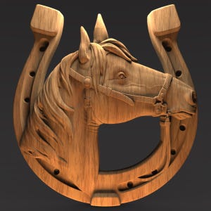 May include: A detailed wooden carving of a horse's head within a horseshoe. The horse is wearing a bridle, and the carving showcases intricate details of the mane and facial features. The horseshoe has nail holes and a textured wood grain.