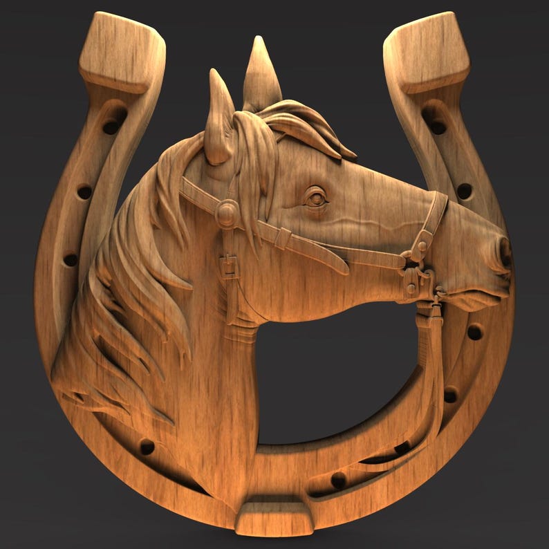 May include: A detailed wooden carving of a horse's head within a horseshoe. The horse is wearing a bridle, and the carving showcases intricate details of the mane and facial features. The horseshoe has nail holes and a textured wood grain.