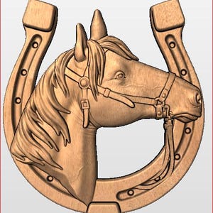 May include: Wooden carving of a horse head within a horseshoe. The horse is wearing a bridle. The horseshoe has nail holes and a rounded shape. The carving is in a light brown color.