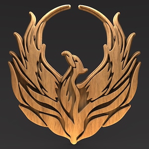 May include: A detailed wooden carving of a phoenix with outstretched wings and a circular element above. The bird is depicted in a stylized, artistic manner, with intricate feather details and a natural wood grain finish.