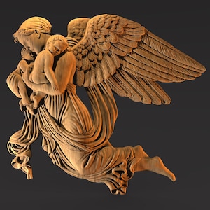 May include: A wooden carving of an angel figure holding two children. The angel has large, detailed wings and is draped in flowing robes. The carving is in a warm, natural wood tone, with intricate details.
