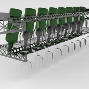 May include: A black metal wine rack with two tiers. The top tier holds green wine bottles, and the bottom tier holds clear wine glasses. The rack is designed to be mounted on a wall and has a decorative, geometric pattern.