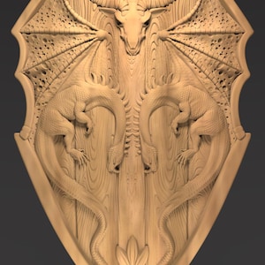 May include: A wooden shield featuring a detailed relief carving of two symmetrical dragons with outstretched wings. The dragons are centered on a wooden background with a decorative top and bottom.