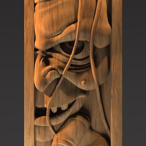 May include: A detailed wooden carving of a grotesque face with exaggerated features, including a large eye, a prominent nose, and a wide, toothy grin. The carving is framed within a rectangular wooden border, showcasing the intricate details of the wood grain.